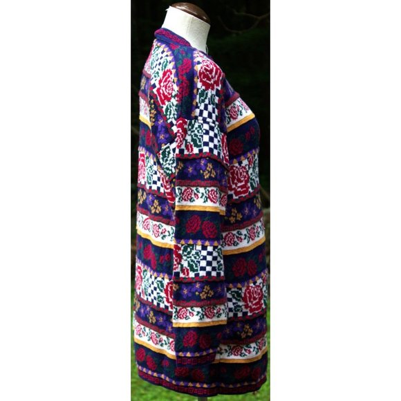 Vintage 80s Heartworks Sweater Striped Roses Checkered Long Size Medium Preppy - Picture 5 of 11